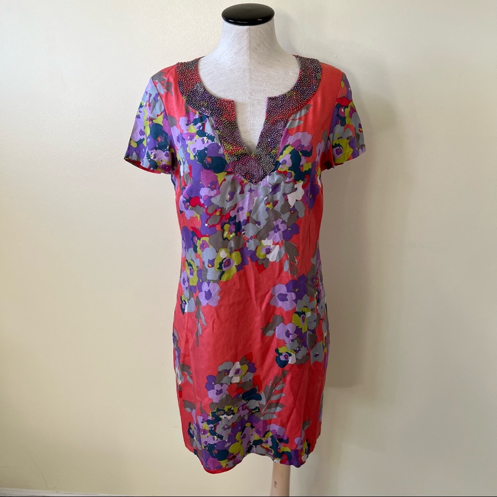 Boden Beaded Floral Print Silk Tunic Dress US 6 UK 10 WA351